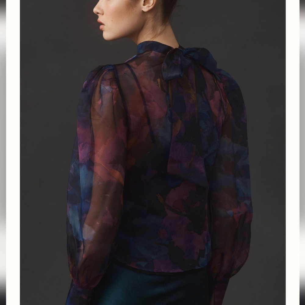 Anthropologie Organza Back Bow Puff Sleeve Blouse Size XS Black Purple B… - Picture 13 of 14